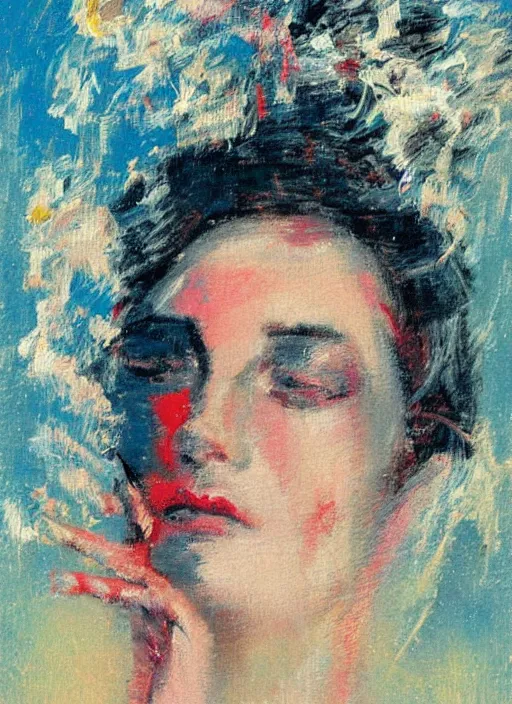 Prompt: an extreme close-up abstract portrait of a lady enshrouded in an impressionist representation of Mother Nature and the meaning of life by Igor Scherbakov, abstract, thick visible brush strokes, figure painting by Anthony Cudahy and Rae Klein, vintage postcard illustration, minimalist cover art by Mitchell Hooks
