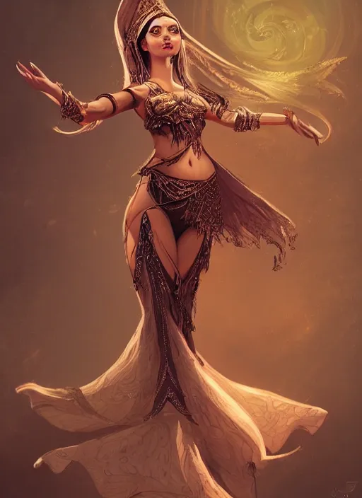 Image similar to a highly detailed illustration of an elegant elf arabian dancer, gracefully belly dancing pose, waving arms, high fantasy, intricate, elegant, highly detailed, centered, digital painting, artstation, concept art, smooth, sharp focus, league of legends concept art, WLOP