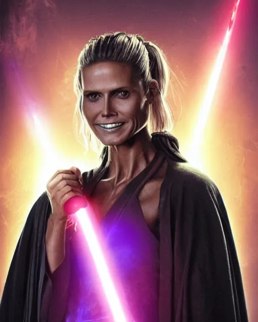 Prompt: heidi klum as a jedi with ripped and damaged clothes holding a purple lightsaber in her hands, very dark background, official star wars episode xii movie poster, perfect symmetrical face, moody lighting, 8 k, shallow depth of field, intricate detail,