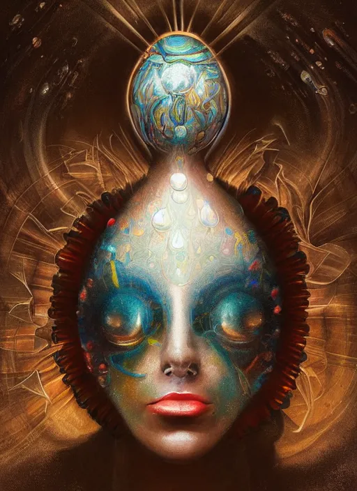 Prompt: a beautiful!! portrait of the bright! shining!! face of a cerulean faberge egg made of mother of pearl, a surreal matte masterpiece by hironimus bosch, inspired by allen williams and peter mohrbacher, inspired by sam spratt!! and karol bak!!, darksynth, crepuscular rays, a reflective sphere