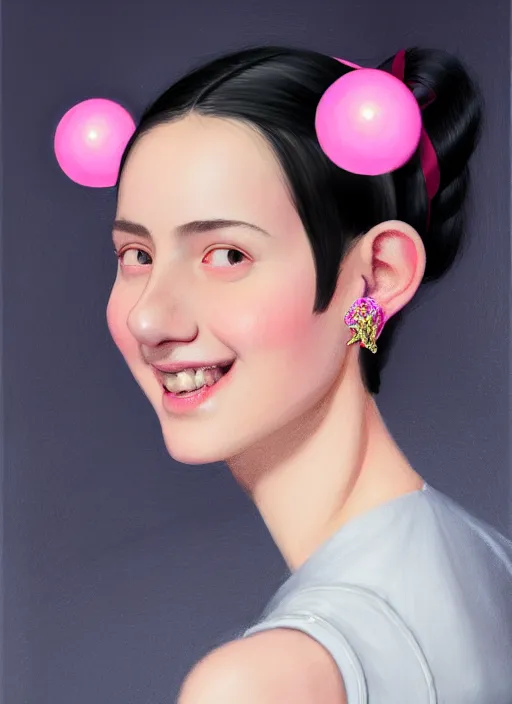 Image similar to portrait of high school girl, realistic, black hair, bangs, half updo hairstyle, pointy nose, skinny, smile, ugly, defined jawline, big chin, pink hair bow, earrings, intricate, elegant, glowing lights, highly detailed, digital painting, artstation, sharp focus, illustration, art by wlop, mars ravelo and greg rutkowski