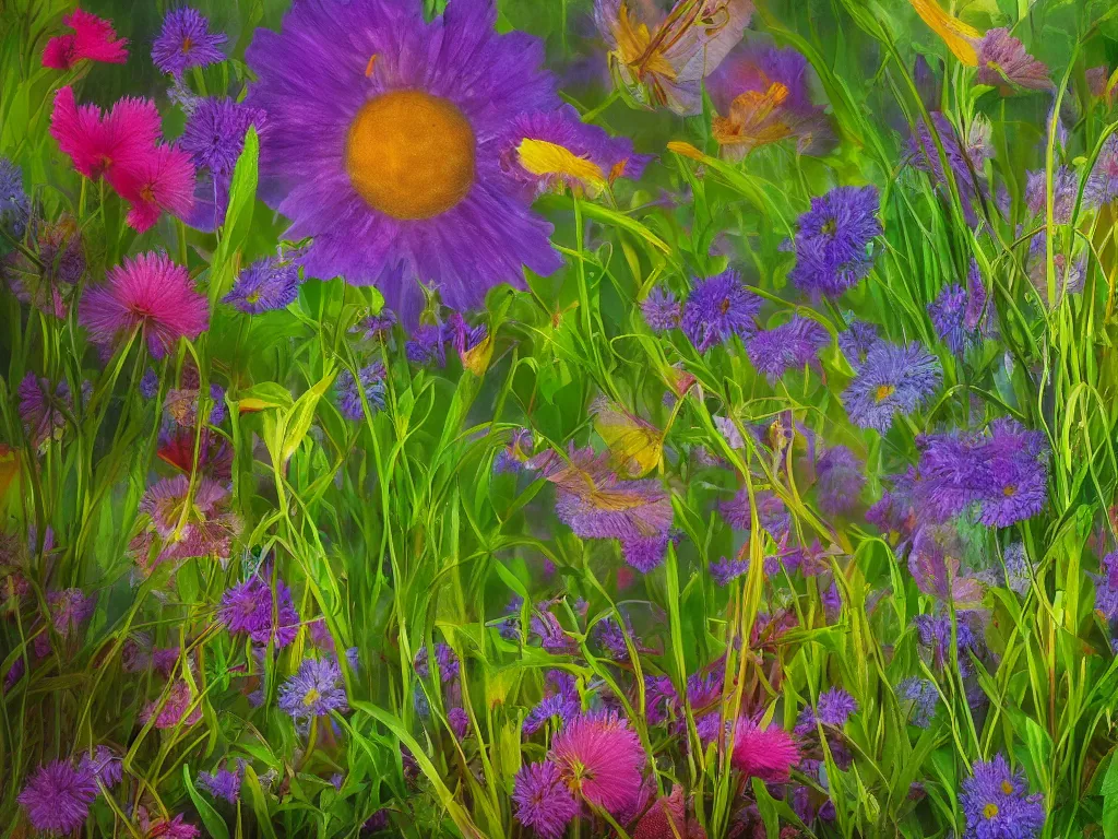 Image similar to sunlight study, wildflower undergrowth, art nouveau, by rachel ruysch and albert bietstadt and ( ( ( ( ( lisa frank ) ) ) ) ), 8 k, sharp focus, octane render, kauai