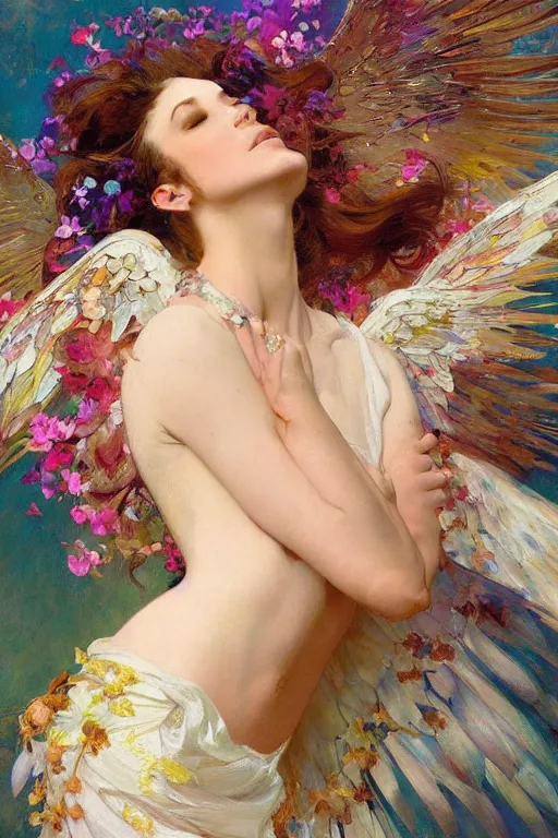 Prompt: a beautifull intricate painting of a beautifull angel with energy wings surrounded by flowing flower petals, vivid colors, artstation, by jeremy mann, by alphonse mucha, by boris vallejo