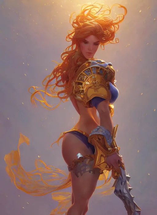Prompt: leona from league of legends with arms raised, au naturel, hyper detailed, digital art, trending in artstation, cinematic lighting, studio quality, sharp focus, intricate, elegant, art style by alphonse mucha and klimt and nixeu and ian sprigger and wlop and krenz cushart