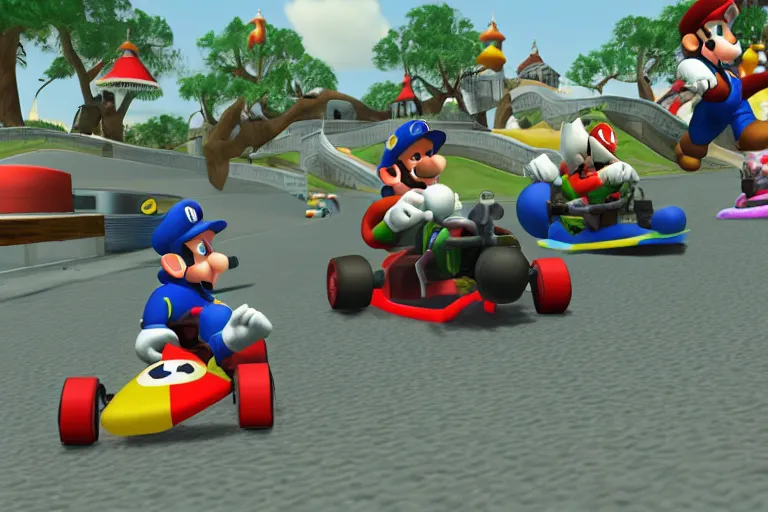 Image similar to mario kart at normandy beach, 1 9 4 5, ingame screenshot, highly detailed