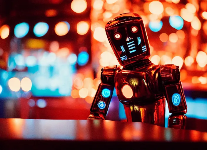 Image similar to a 2 8 mm macro kodachrome photo of a sad metallic robot with glowing lights and electric wires, getting drunk alone at a bar in the 1 9 5 0's, seen from a distance, bokeh, canon 5 0 mm, cinematic lighting, film, photography, golden hour, depth of field, award - winning