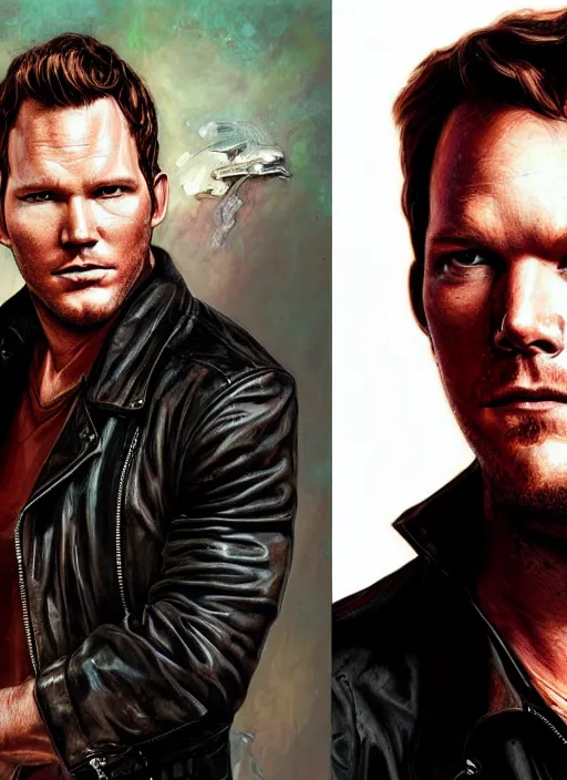 Image similar to portrait of chris pratt, very serious, gritty, dark, wearing a black leather jacket, hyperrealistic, very detailed painting by Glenn Fabry, by Joao Ruas, by Artgerm