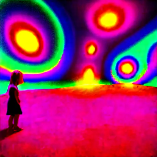 Image similar to Little girl wandering among many giant glowing mushrooms, Neon colors, psychedelic art, trippy, 4k, HQ, Trending on Artstation