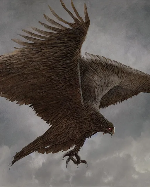 Image similar to wide shot low angle full body hyppogriff from Harry Potter and the Prisoner of Azcaban flying in the sky, highly detailed, sharp focus, digital painting, oil painting, artwork, museum work, by Robert Bateman, by Carl Brenders,