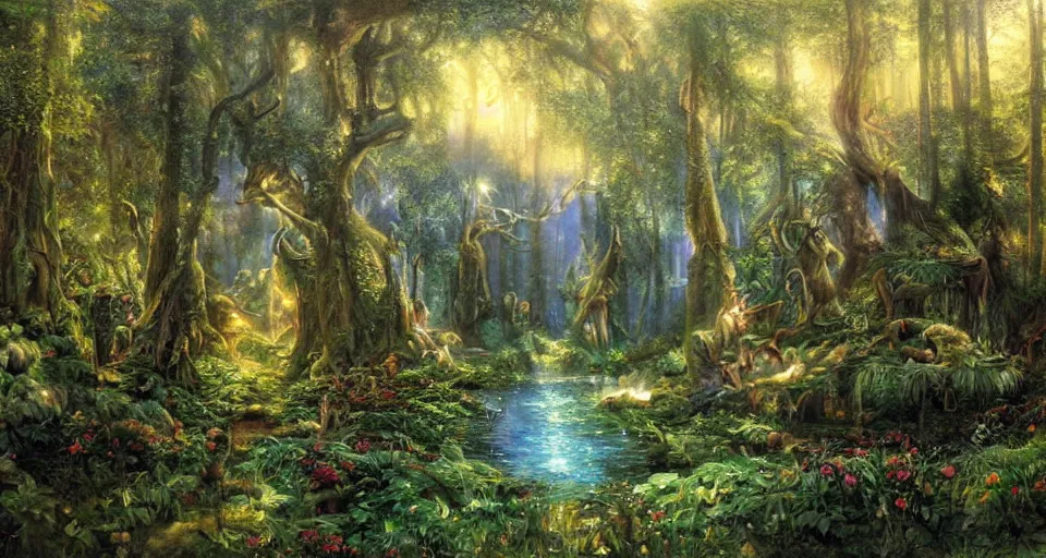 Image similar to Enchanted and magic forest, by James Gurney