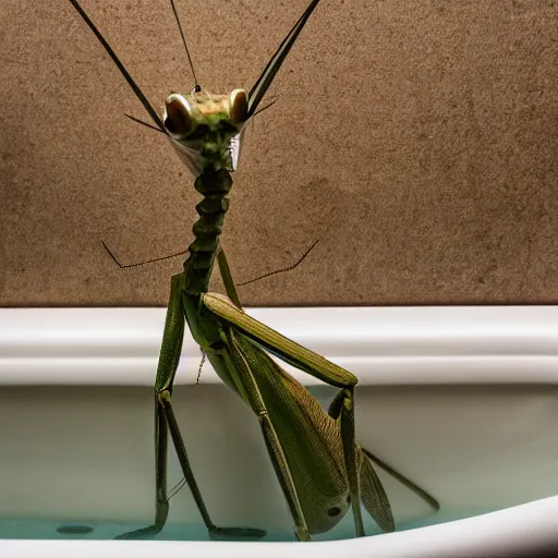 Image similar to cinematic photo of a giant taxidermized praying mantis in a bathtub