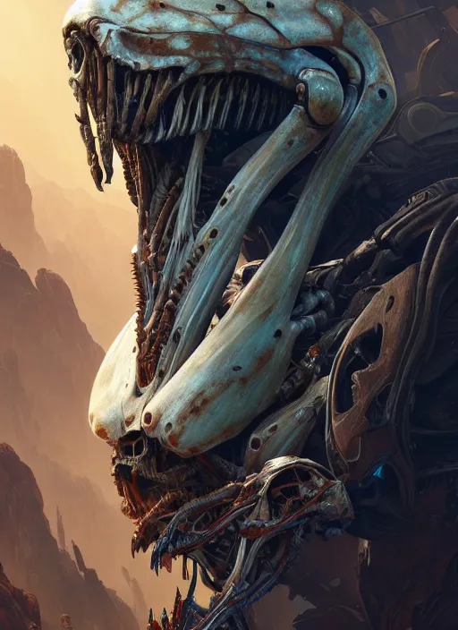 Image similar to asymmetrical!! portrait of an alien with bones and guts forming its face, machine face, intricate, elegant, highly detailed, digital painting, artstation, concept art, smooth, sharp focus, illustration, art by artgerm and greg rutkowski and alphonse mucha, horizon zero dawn 8 k, tim burton