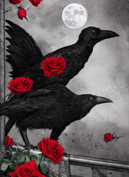 Image similar to portrait, A crow with red eyes in front of the full big moon, book cover, red roses, red white black colors, establishing shot, extremly high detail, foto realistic, cinematic lighting, pen and ink, intricate line drawings, by Yoshitaka Amano, Ruan Jia, Kentaro Miura, Artgerm, post processed, concept art, artstation, matte painting, style by eddie mendoza, raphael lacoste, alex ross