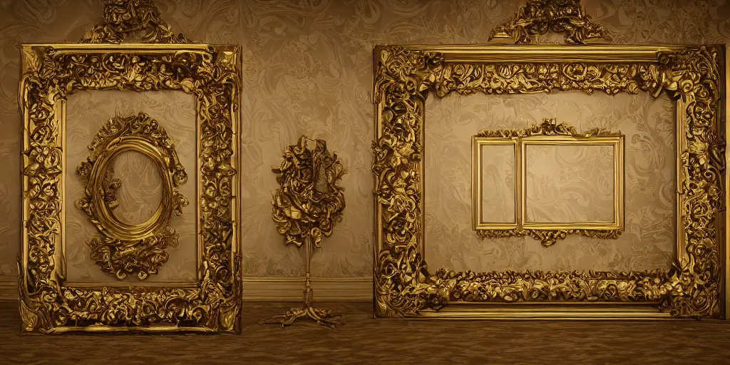 Image similar to 3 d octane render ultra photorealistic hyper detailed front view of a baroque picture frame