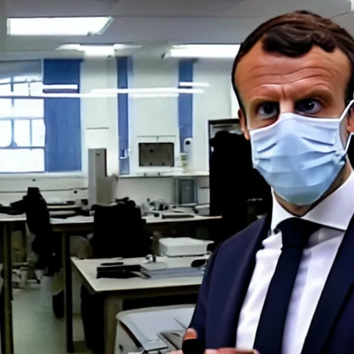 Prompt: cctv screenshot of Emmanuel Macron in a science lab