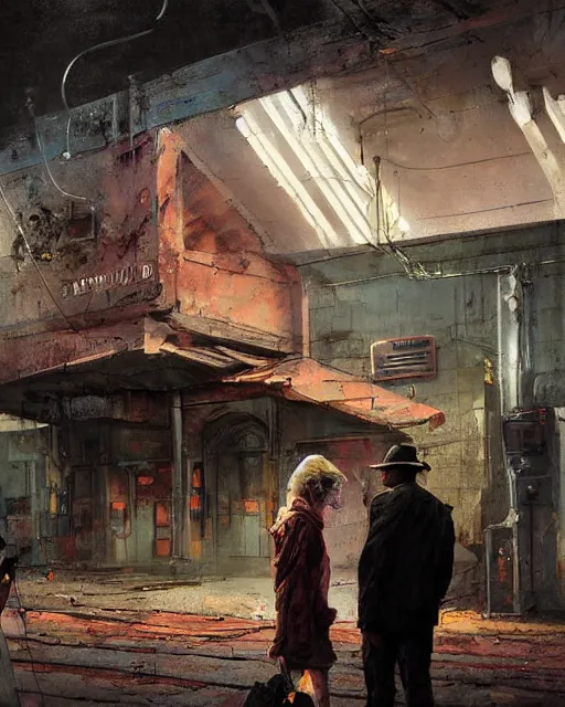 Prompt: a highly detailed epic cinematic concept art CG render digital painting artwork: old dead couple at a decayed gas station surrounded by dark figures. triadic color scheme, By Greg Rutkowski, in the style of Francis Bacon and Syd Mead and Edward Hopper and Norman Rockwell and Beksinski, open ceiling, highly detailed, painted by Francis Bacon, painted by James Gilleard, surrealism, airbrush, Ilya Kuvshinov, WLOP, Stanley Artgerm, very coherent, art by Takato Yamamoto and James Jean