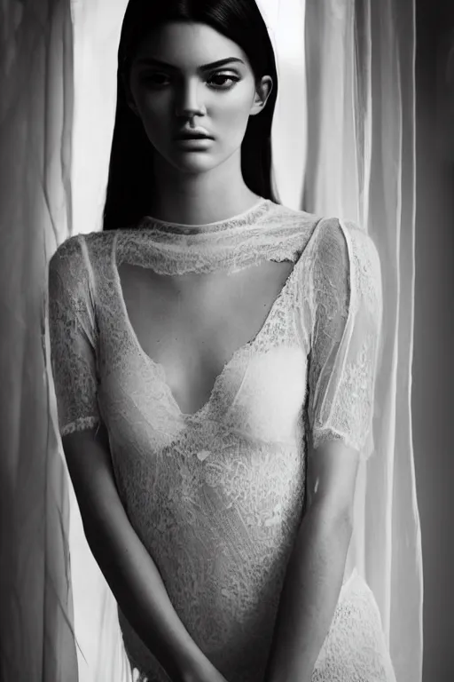 Prompt: emotionnal shot. fragile shy woman looking like Kendall Jenner with sheer dress with plunging neckline and lace sleeves. award-winning fashion photography. intimate and vulnerable lighting. 130mm bw fashion photography .