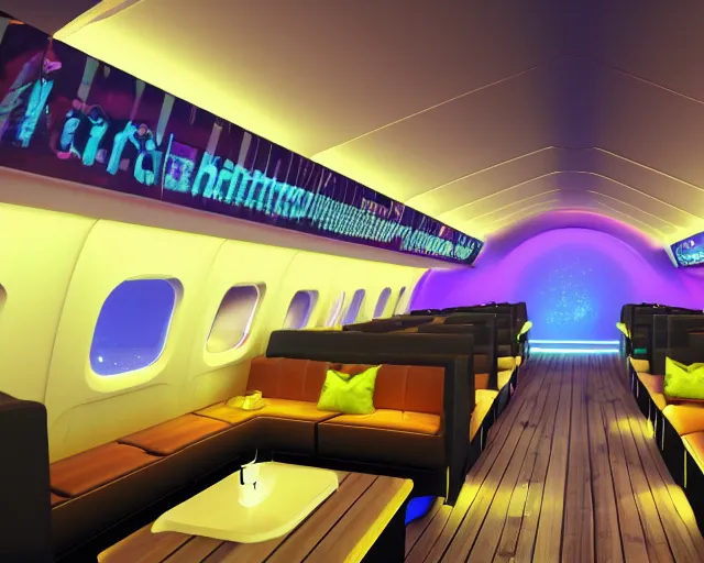 Image similar to Bar and nightclub inside a widebody plane with neon lights and sofas, digital rendering, unreal engine 5