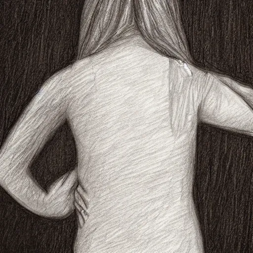 Image similar to backside photograph of a girl holding the bathroom sink with both hands in a dark room and crying, textured pencil sketch