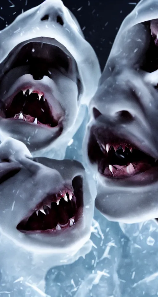 Image similar to up close shot of two vampire fangs, winter, dark scenery, dark lighting, cinematic, cold freezing nights, laser lights, crybernetic, top floor boss shit, destroy lonely, black floor, lavish, luxurious, marble walls, cinematic, hyper realism, high detail, octane render, 8 k