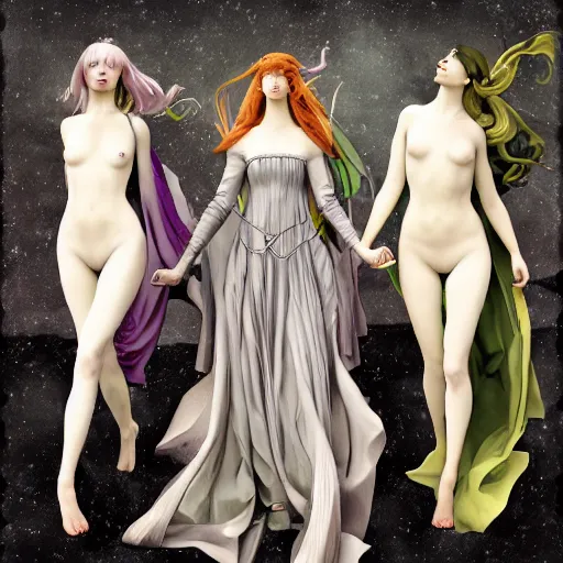 Image similar to 3 Figures as Winter Spirits, style is a blend of Æon Flux, Botticelli, and John Singer Sargent, inspired by pre-raphaelite paintings, shoujo manga, and Harajuku street fashion, moody frigid landscape, dark and muted colors, somber, hyper detailed, super fine inking lines, 4K extremely photorealistic, Arnold render