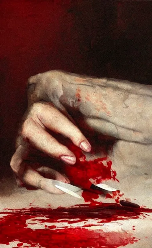 Image similar to by 1 9 th century famous painter, hands, nail polish, blood smear, blood dripping, knife, realism, realistic, oil painting, red wallpaper background