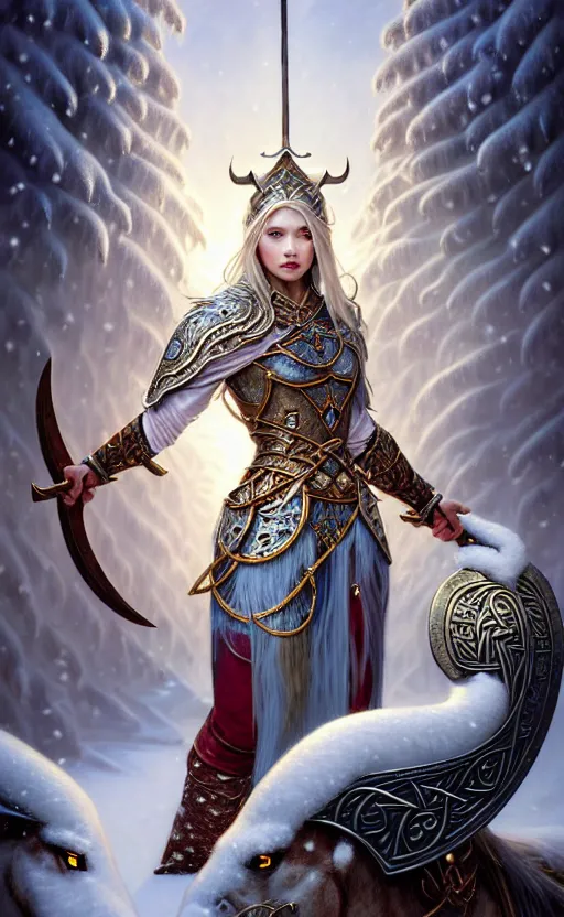 Image similar to opal viking warrior, regal, elegant, winter, snow, beautiful, stunning, hd, illustration, epic, d & d, fantasy, intricate, elegant, highly detailed, wide angle, digital painting, artstation, concept art, smooth, sharp focus, illustration, wallpaper, art by artgerm and greg rutkowski and alphonse mucha and jin xiaodi