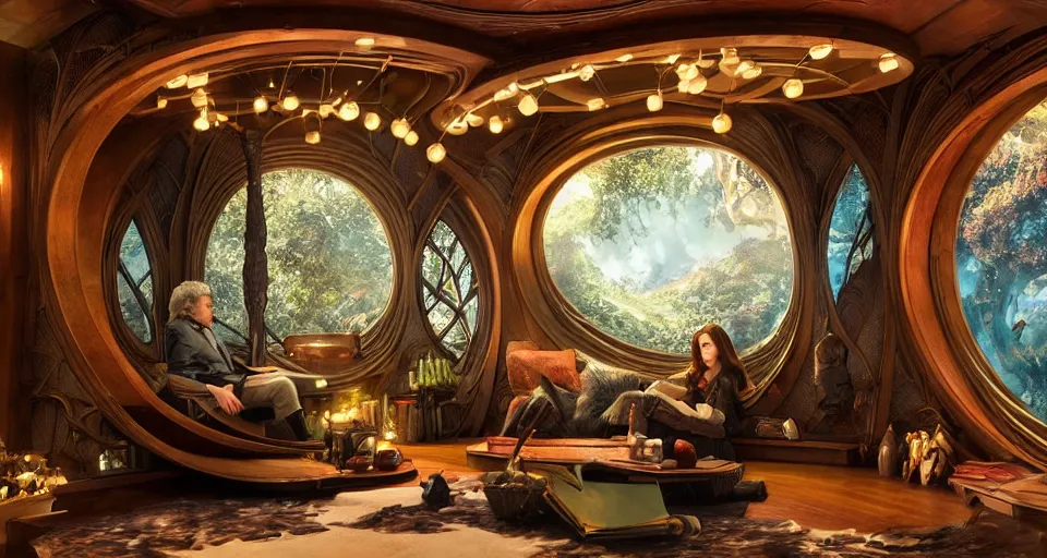 Image similar to A scene from a 2022 Marvel film featuring a cozy art nouveau reading nook in a fantasy treehouse. 8K UHD.