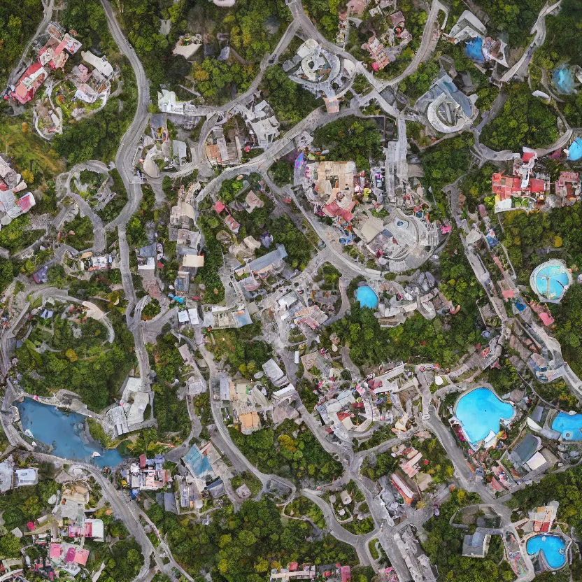 Image similar to aerial view of fantasy town with a wizard's tower in the middle, photograph, 8 k