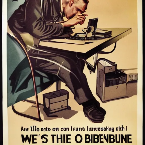 Image similar to a man sleeping at a computer is stung by a bumblebee, ww 2 allied propaganda poster, no text, highly detailed