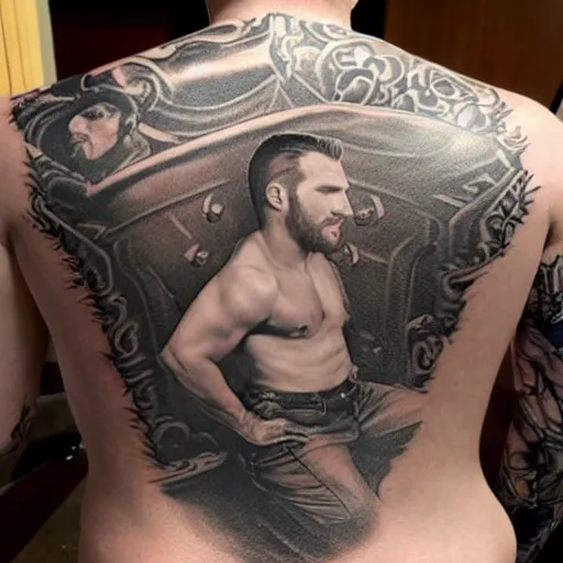 Image similar to a picture of my new back tattoo of chris evans'face by tom of finland