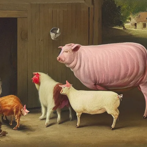 Image similar to butcher giving food to a cat, while being watched by a pig, a sheep, a chicken and a cow