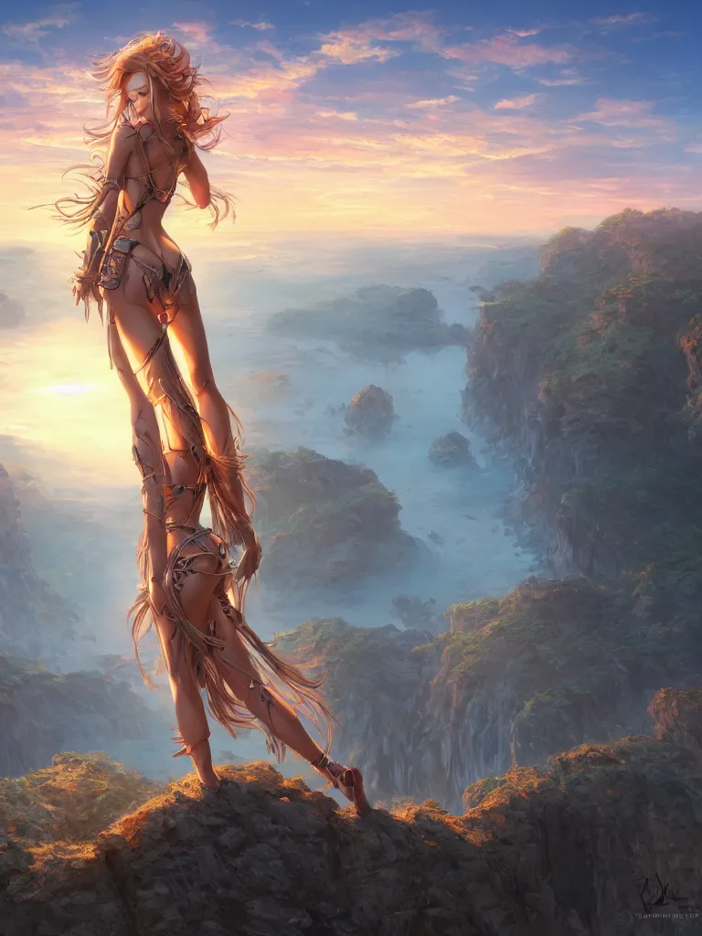 Image similar to an pretty warrior woman stands on a cliff during a sunrise, artistic composition, art style of hajime sorayama, cinematic, highly detailed, sharp focus, intricate concept art, digital painting, colorful flat surreal design, hd, 8 k, artstation, ambient lighting