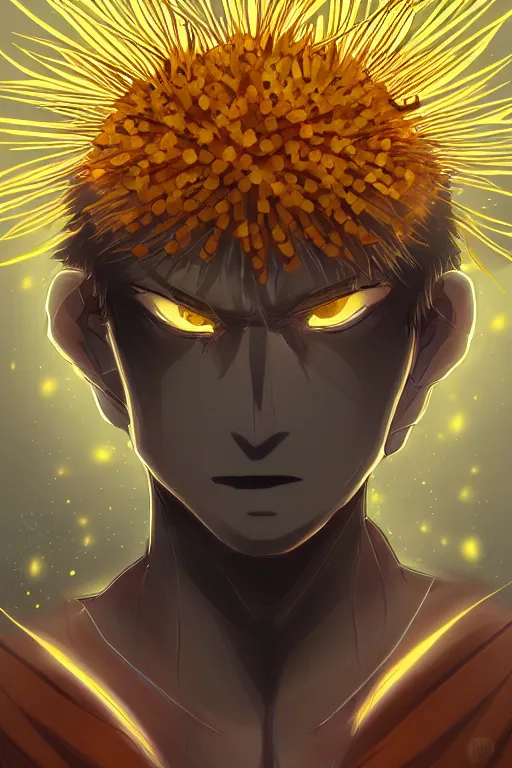 Image similar to amber glowing luminescent dandelion male anime character, symmetrical, highly detailed, digital art, sharp focus, trending on art station, amber eyes, autumnal colours