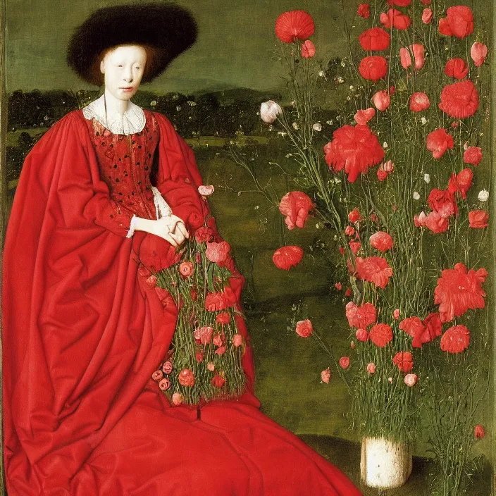 Prompt: a woman in a red dress, sitting on a throne of flowers, by Jan van Eyck