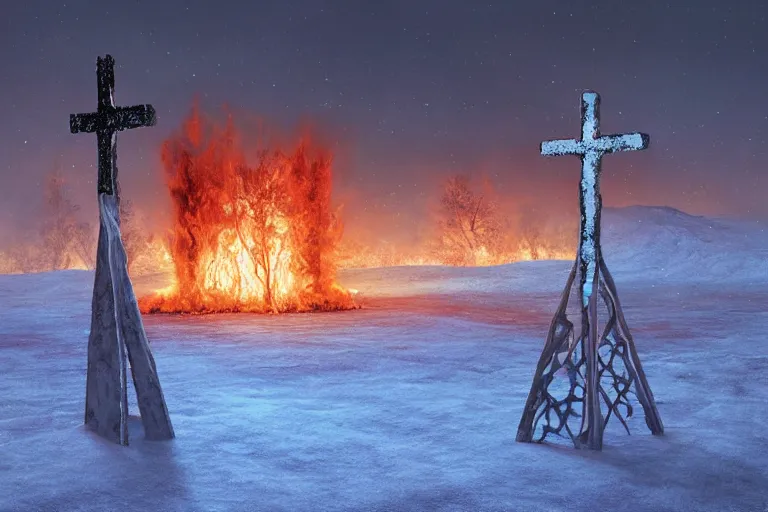 Prompt: a cross set on fire on a snow covered field, landscape inspired by salvador dali, a matte painting by li shida, cgsociety, context art, redshift, matte painting, reimagined by industrial light and magic