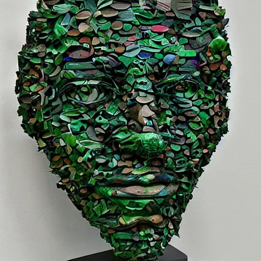 Image similar to abstract, sculpture made of various materials from rainforest of face of artificial intellicgence