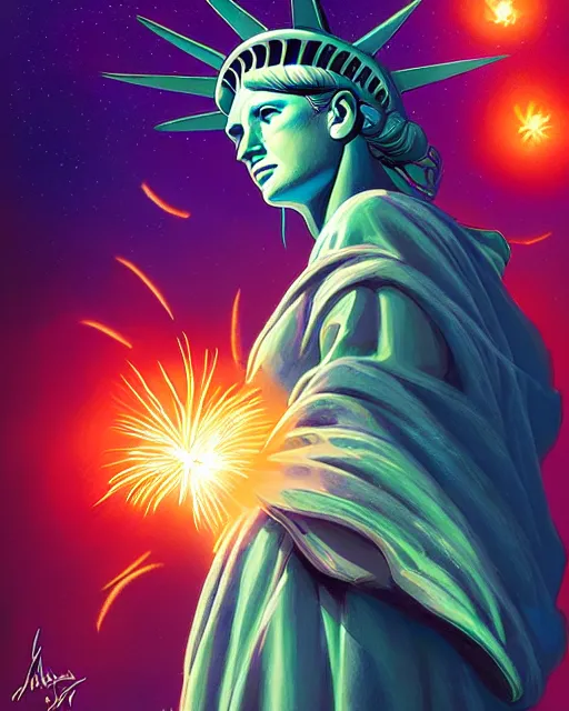 Prompt: lady liberty portrait, artgerm, wlop, ross tran, tom whalen, radiant halo of light, peter mohrbacher, fireworks, celestial