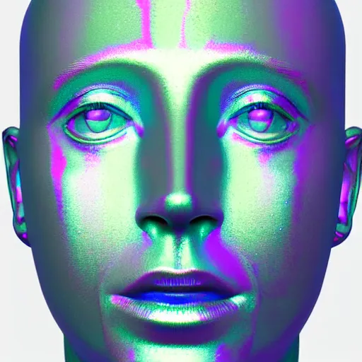 Image similar to topographic lines create a 3d render of holographic human robotic head made of glossy iridescent, surrealistic 3d illustration of a human face non-binary, non binary model, 3d model human, cryengine, made of holographic texture, holographic material, holographic rainbow, concept of cyborg and artificial intelligence, topographic lines