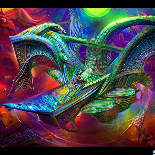 Image similar to dmt trip puzzle serpent mathematical object metaverse by raymond swanland, highly detailed, bright tones
