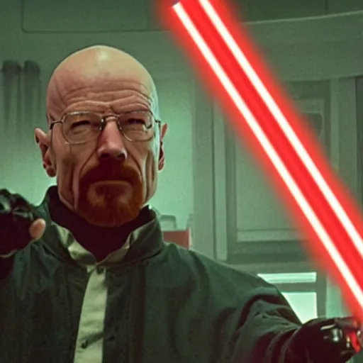 Prompt: Walter White holding a red light saber, dueling against Darth Vader, movie still from Star Wars