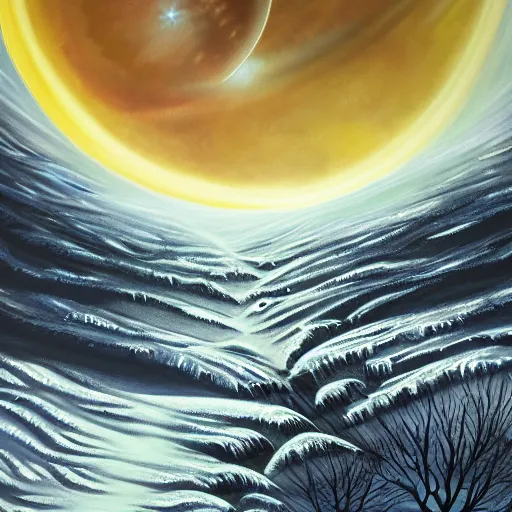 Image similar to moonrise on an alien planet in winter luminescent airbrush detailed painting 4 k