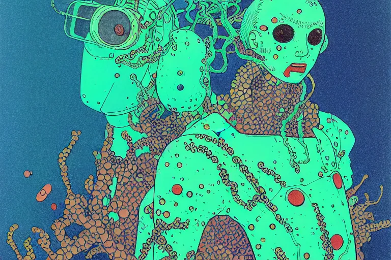 Image similar to risograph grainy drawing vintage sci - fi, satoshi kon color palette, gigantic gundam full - body covered in iridescent dead coral reef 1 9 6 0, kodak, with lot tentacles, natural blue - green colors, codex seraphinianus painting by moebius and satoshi kon and dirk dzimirsky close - up portrait