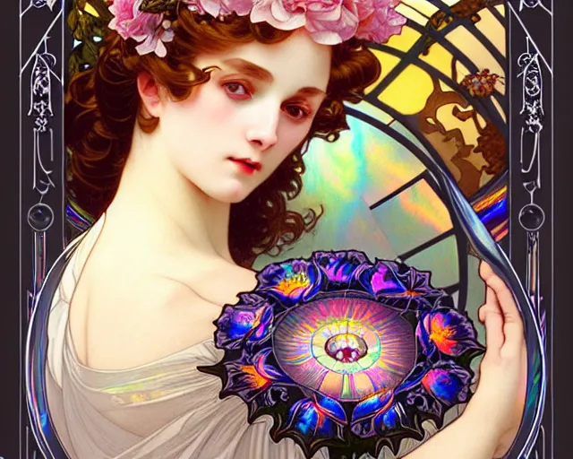 Image similar to overlord, rococo and art nouveau fusion, iridescent diaphanous refractive and reflective flower bouquet, tarot card, highly detailed, deep focus, elegant, digital painting, smooth, sharp focus, illustration, ultra realistic, 8 k, art by artgerm and alphonse mucha