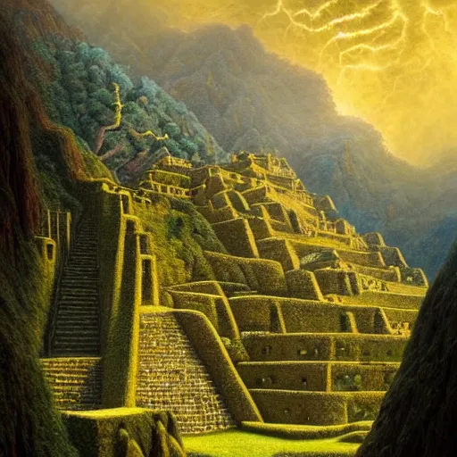 Image similar to intricate stunning highly detailed illustration of the inca lost city of gold, 🌱, by agostino arrivabene and vladimir kush, surreal, digital painting, ultra realistic, dramatic lighting, twisted vines, lush plants, gold, inca, pristine water, artstation