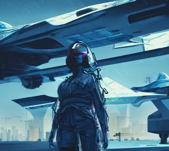 Prompt: fighter pilot stands beside futuristic sci fi fighter jet landed at runway of cyberpunk city ,dark cinematic lighting , digital concept art