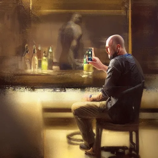 Prompt: a realistic hyperdetailed digital oil full body portrait painting of a man playing on a computer, sitting at a restaurant, beer in hand, in the style of guy denning, ruan jia, and craig mullins. trending on artstation and deviantart. cgsociety digital art.