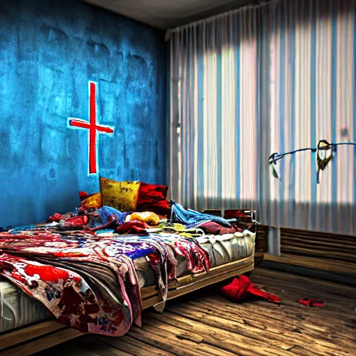 Image similar to male artist's messy, cluttered, dirty bedroom with blue and black floral painted walls and a big bold red christian cross on the wall. flowers painted on walls. realistic, highly detailed, sharp focus, volumetric lighting, full shot, 3 5 mm, unreal engine,