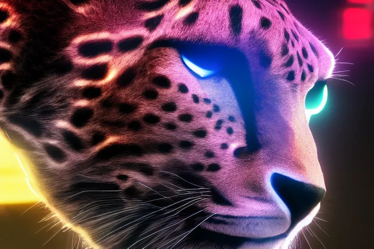 Image similar to closeup profile shot of neon cybernetic cheetah, city lights, strong bokeh, dramatic, cinematic, high contrast, octane render, cgsociety, artstation, 4k