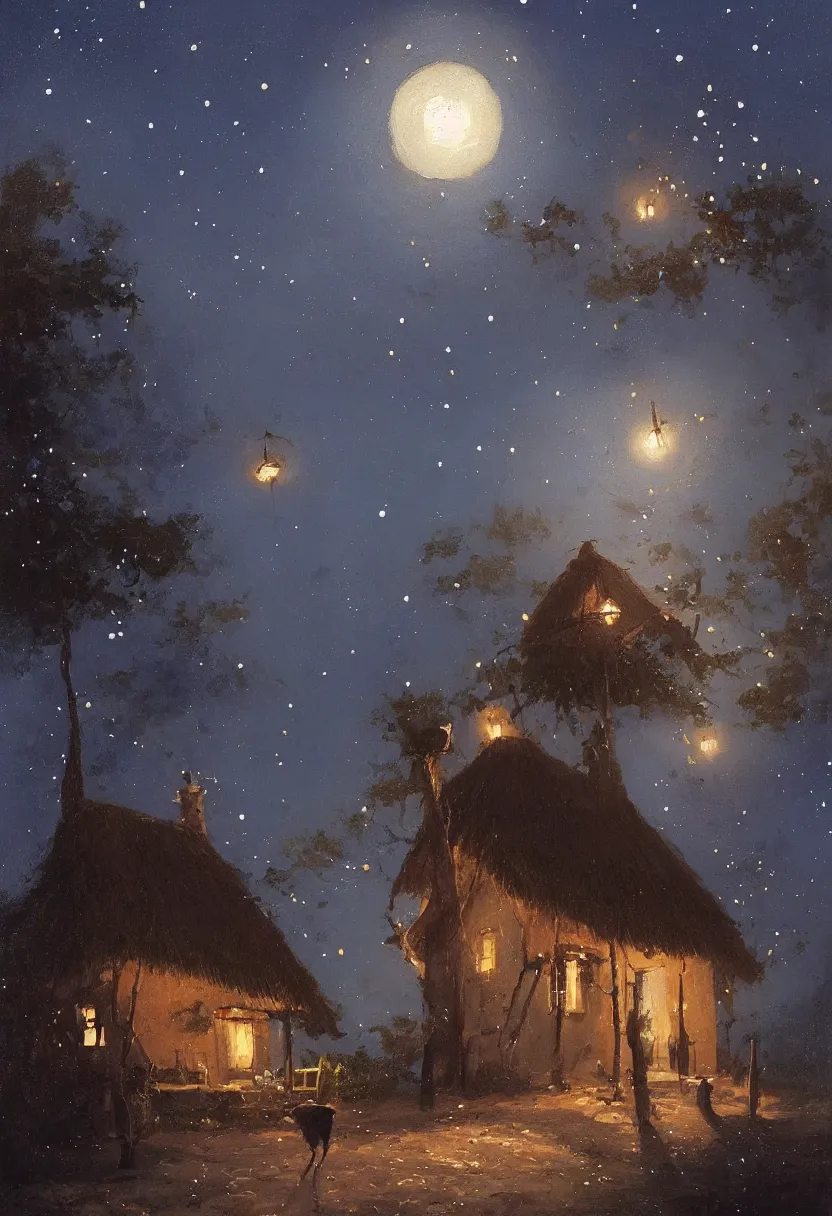 Prompt: Painting by Greg Rutkowski, at night a big ceramic jug with gold ornaments flies high in the night dark blue sky above a small white house under a thatched roof, stars in the sky, rich picturesque colors